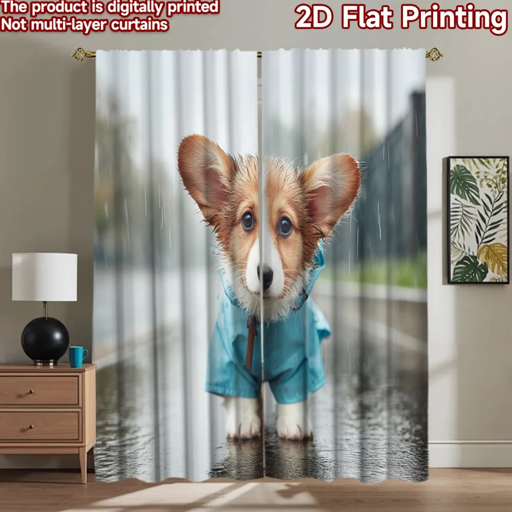 2D flat printing 2pcs Curtains Cute Corgi Dog Raincoat Digital Printed Polyester Drapes Family Party for living room decor for