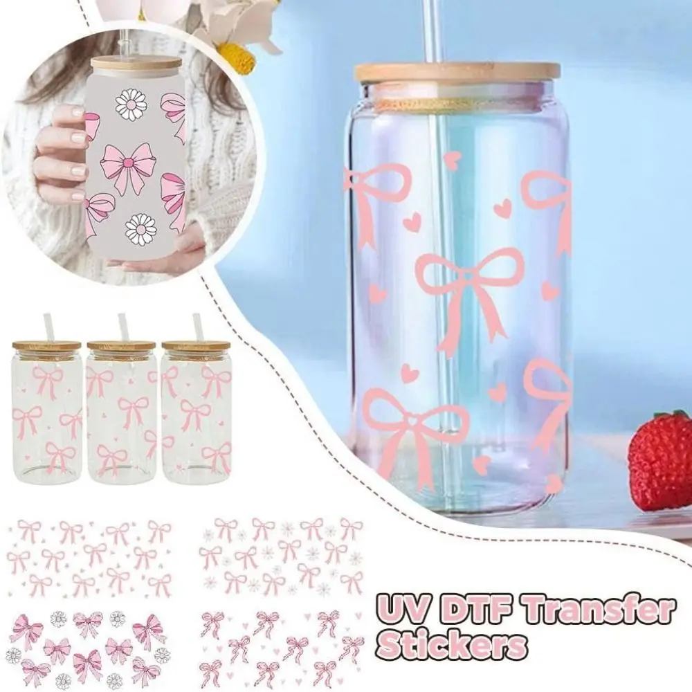 New Waterproof UV DTF Transfer Sticker Clear Smooth Wrap Stickers Pink Bow Decals For 16Oz Glass Cup