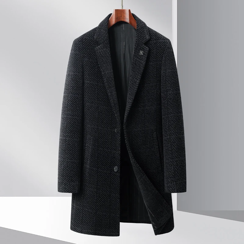 Cappotto di lana scozzese da uomo in stile classico abiti con motivo a quadri grigio scuro e chiaro cappotto caldo morbido per capispalla autunno inverno