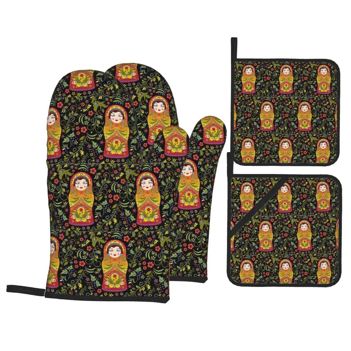Russian Doll Matryoshka Oven Mitts and Pot Holder Sets of 4 for Baking Kitchen Cooking BBQ Resistant Non-Slip Gloves