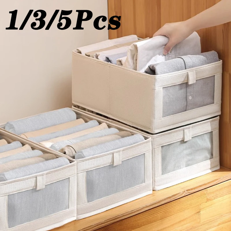 1/3/5PCS Windowable Cotton Linen Storage Box Large Capacity Clothes Storage Box Foldable Storage Box Drawer Clothes Organizer