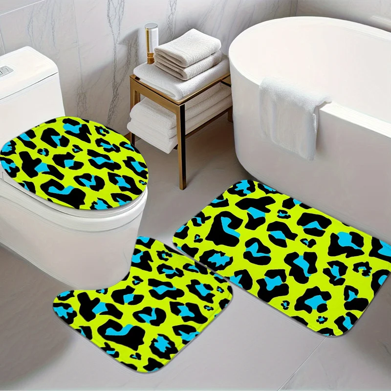 

Neon Leopard 3pc Bath Set – Fluorescent Green & Blue Print, Flannel Toilet Cover, U Mat & Floor Rug, Soft Non-Slip Decor