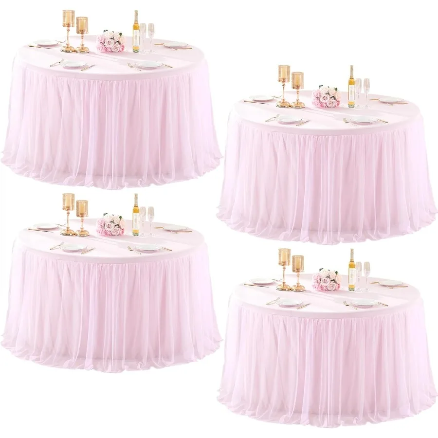 

4 Pack Pink Tulle Round Valentine Table Cloth for 60 Inch Round Tables, Banquet Tablecloth Table Cover, Floor Length Tablecloths