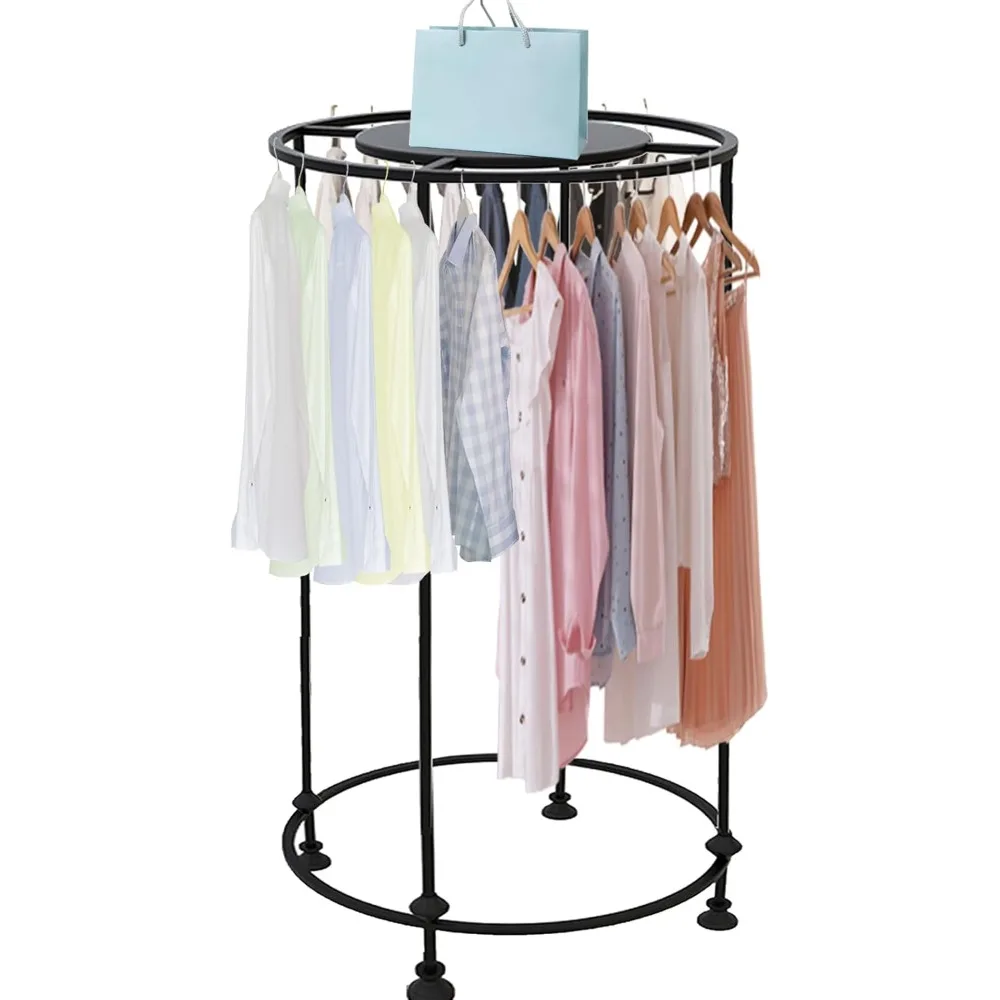 Freestanding Round Garment Display Retail Rack, Floor-Standing Double Space Multi-Purpose Metal Shelf for Clothes Storage