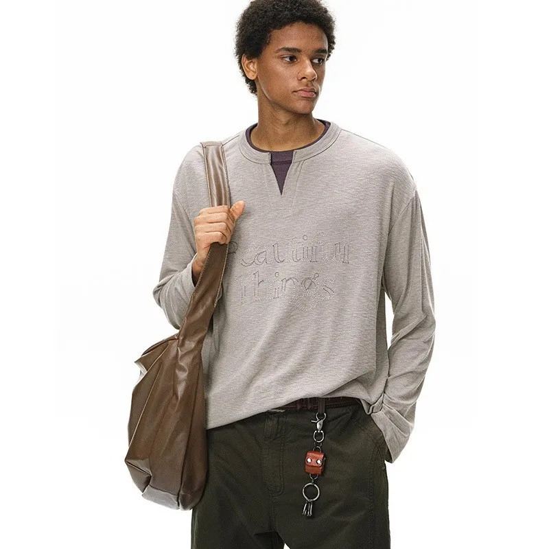 

Embroidered Patchwork Faux Two-Piece Men's T-Shirt, American Retro V-Neck Long Sleeve T-shirts For Man, Autumn Trendy Tee