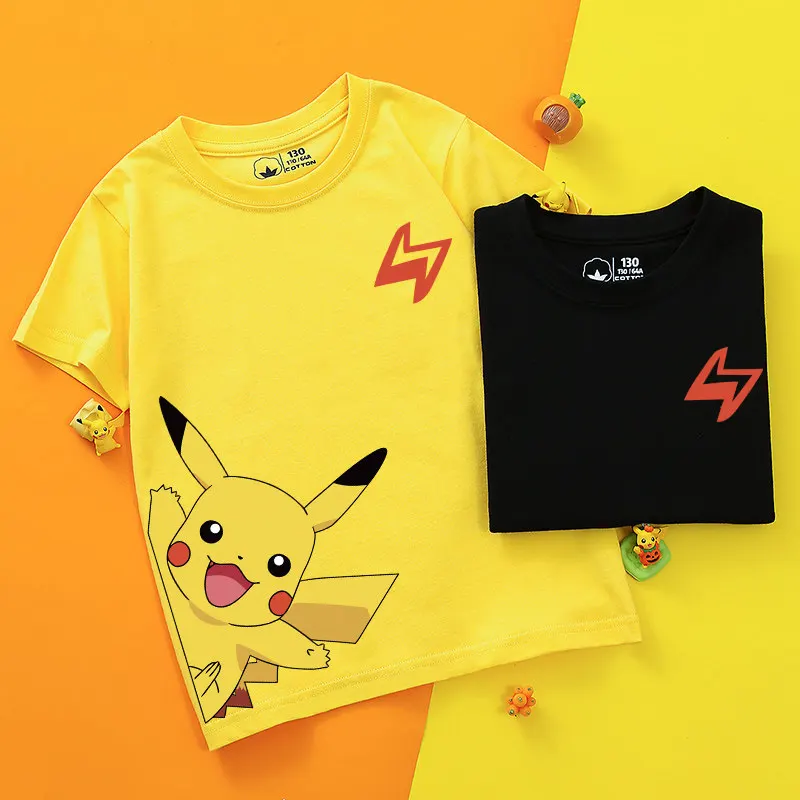Pokémon-themed Children's T-shirt with Cartoon Prints, Loose-fitting Pure Cotton, Stylish Children's Clothing for Boys and Girls