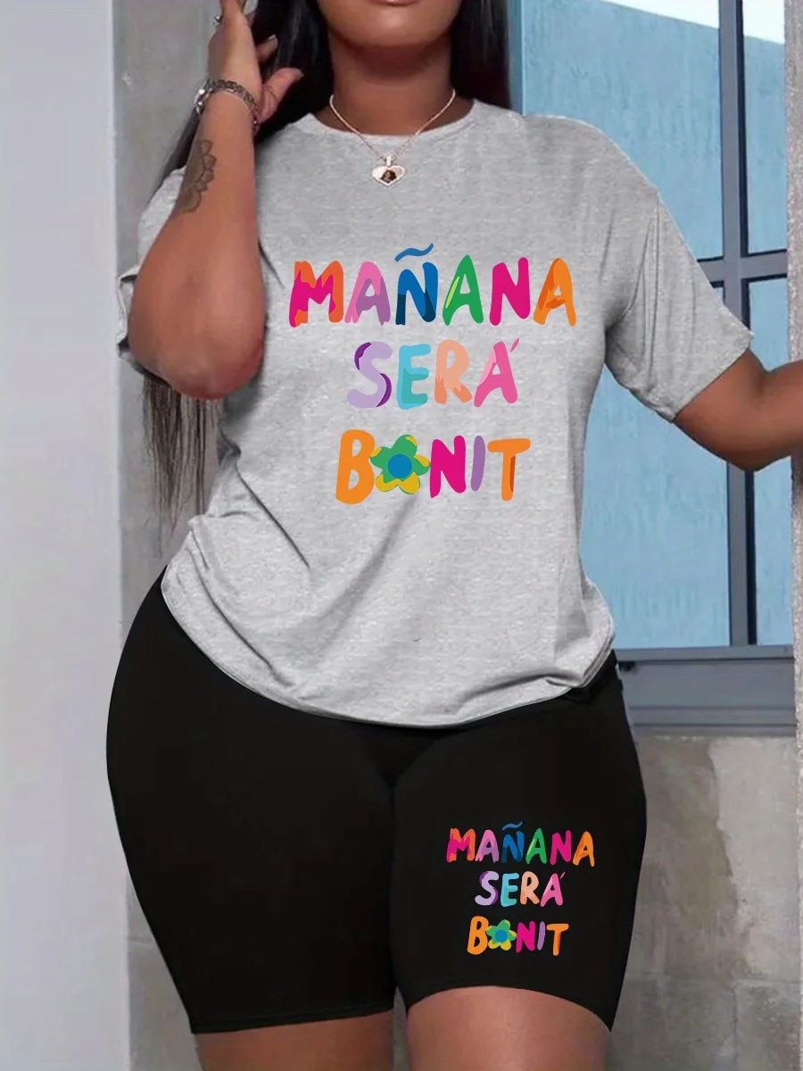 Conjunto de dos piezas de camiseta y pantalones cortos de manga corta con estampado de letras para mujer