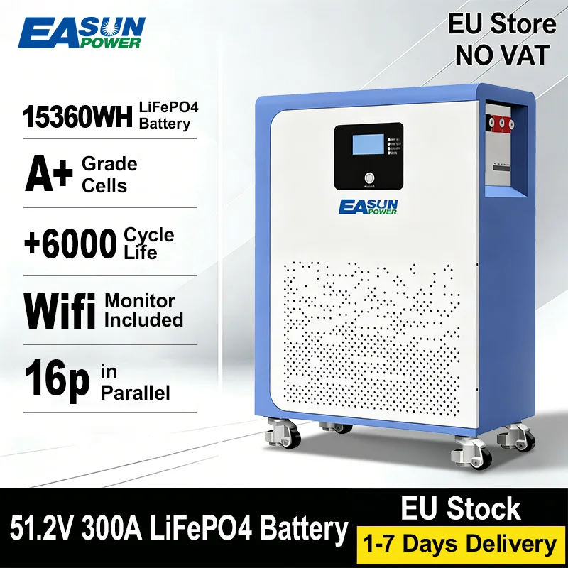 Image of EASUN 15kWh 300Ah 51,2V 48V 16S LiFePO4 Lithium-Eisenbatterie-Pack Parallel 16 Stück 6000+ Solar- und Heimenergie BMS Bluetooth