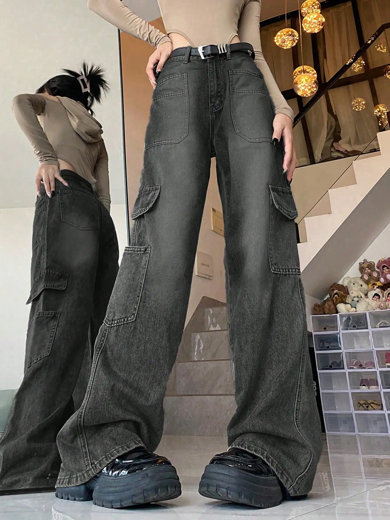 Faionable Bla losse wijde pijpen jeans met grote keten hoge taille afslankende zomer nieuwe collectie dames casual hoge taille jeans