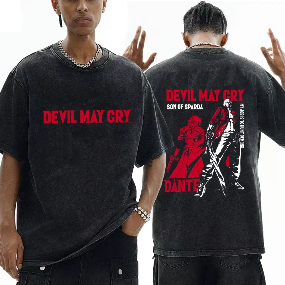 

Anime Devil May Cry Son of Sparda Dante Vintage Wasehd T-shirt Men Women Cartoon Manga T Shirts Male Fashion Casual Tshirt Tops