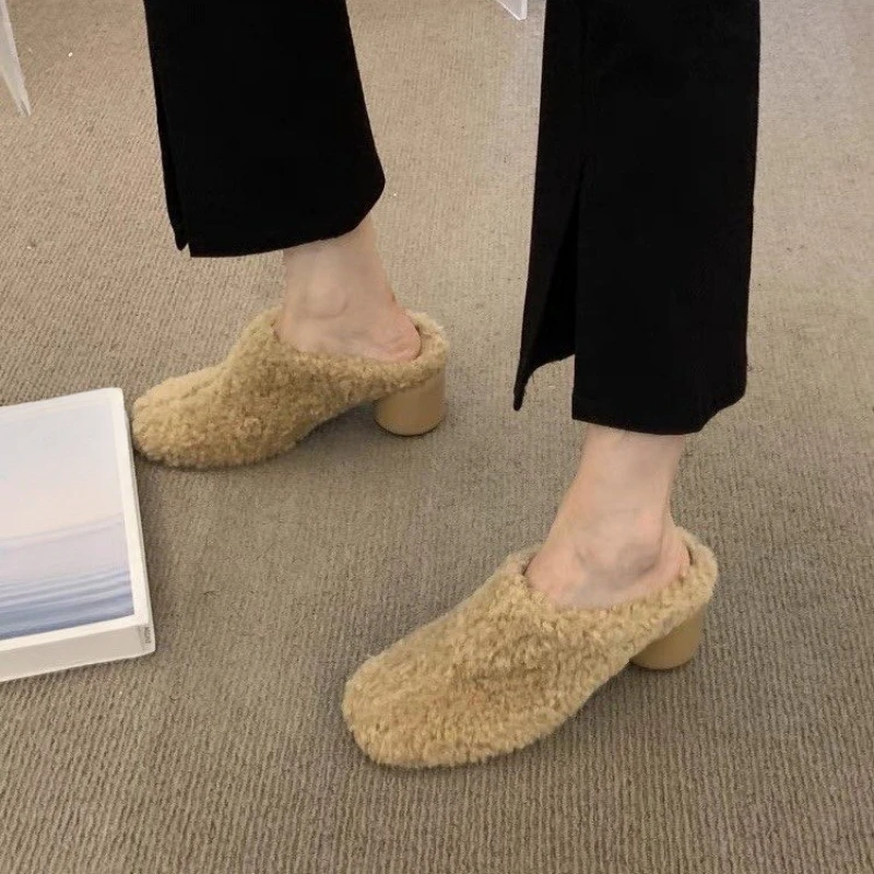 Winter New Round Head Flat Non-slip and Cashmere Slippers Solid Color Simple Fashion Comfortable Thick High Heels Slippers