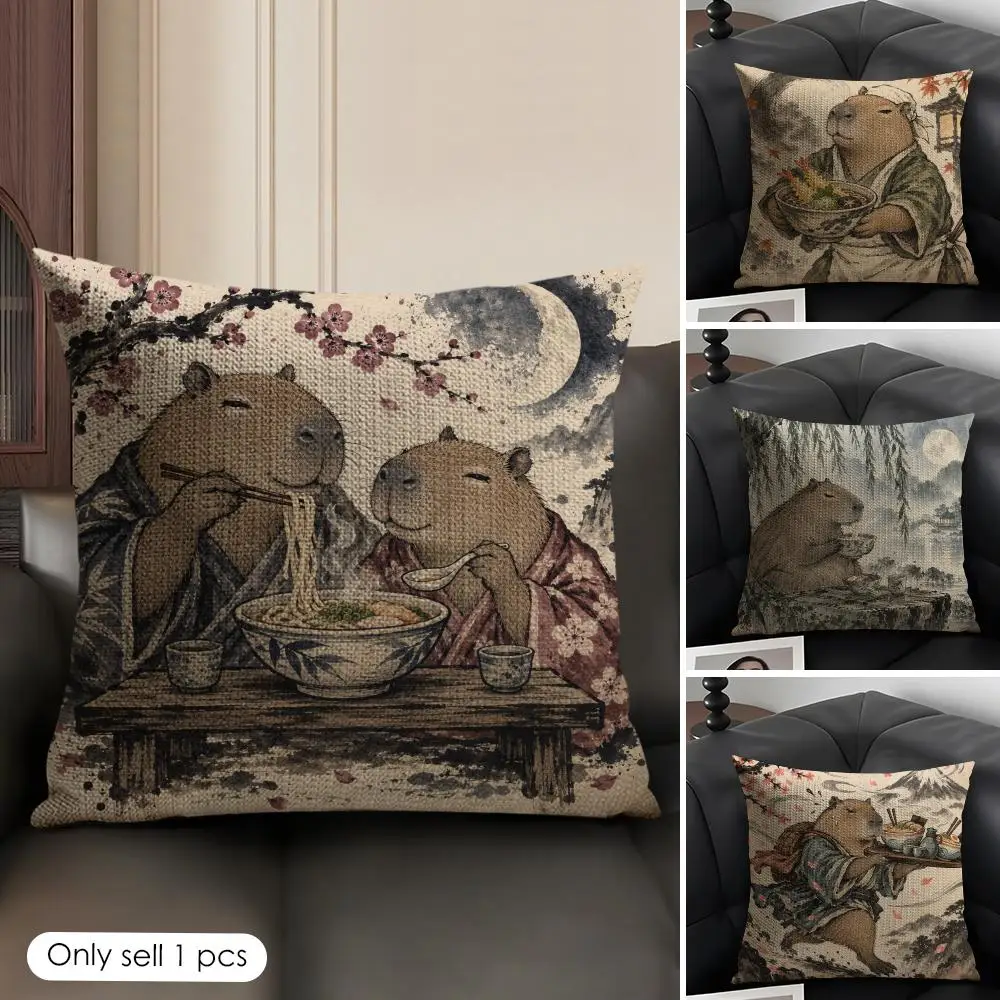 Capybara Ramen Japanese Style Cushion Cover Skin-Friendly Organic Linen Pillow Cover Durable Hypoallergenic Washable Soft