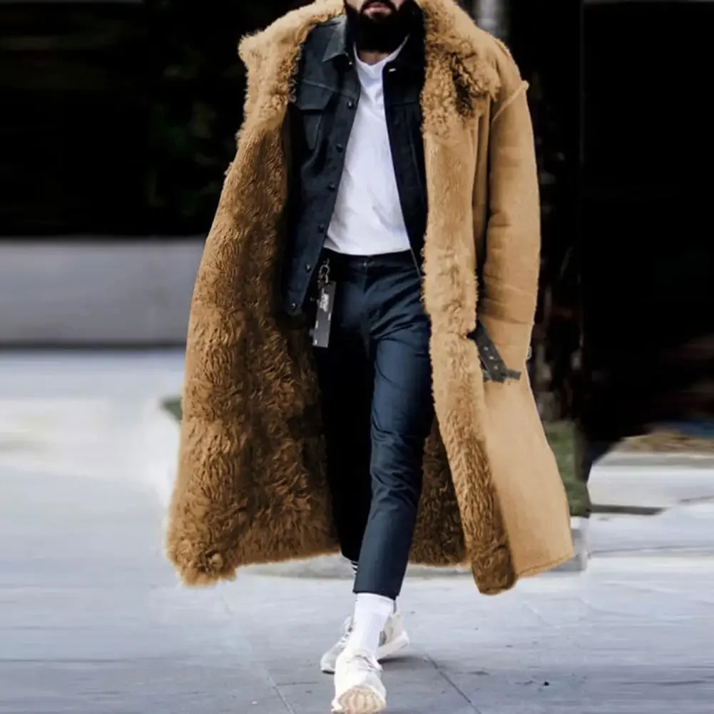 

2025 Winter Men Long Plush Lined Jacket Autumn Plush Thick Coats Trendy Winter Overcoat Faux Fur Faux Leather Men Woolen Jacket