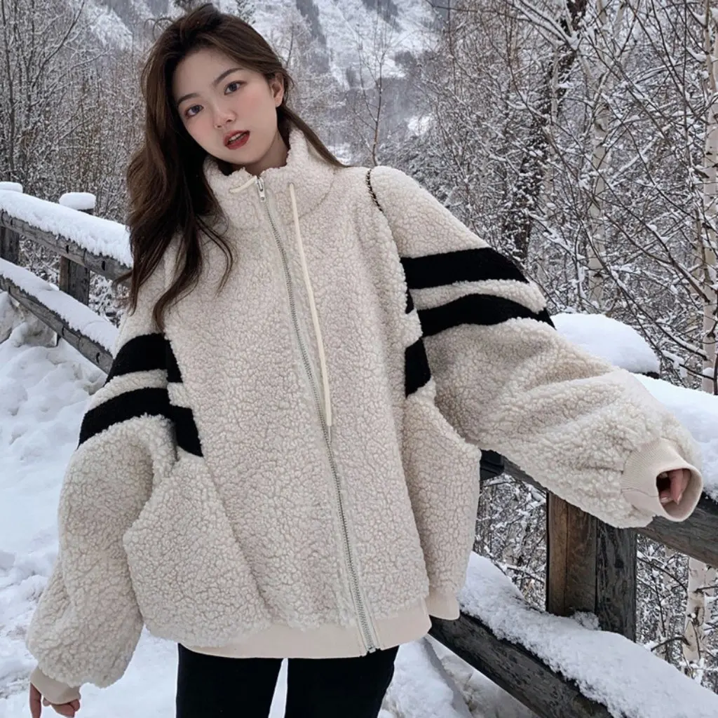 

Women's Lamb Velvet Jacket Korean-Style Loose Fit Fleece-Lined Thickened Colorblock Baseball Suit for Autumn Winter Casual Wear