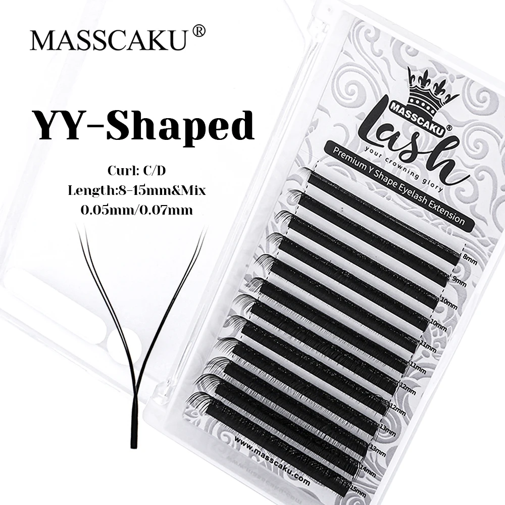 

MASSCAKU 0.05/0.07mm Thickness Waterproof Hand-woven YY Shaped Lashes 3D Effect Soft Fluffy Double Split Tips Eyelashes Supplies