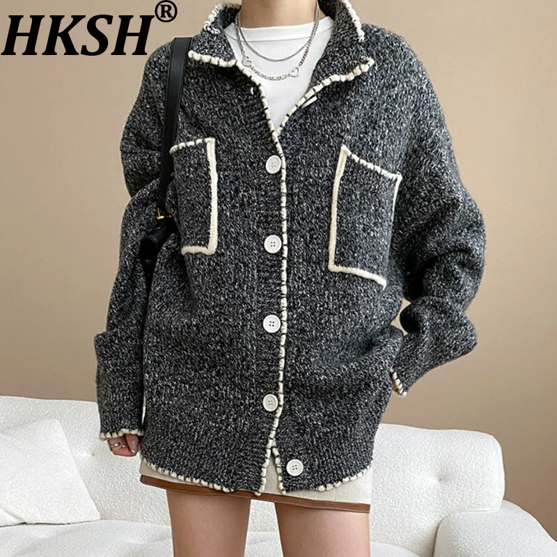 HKSH Spring Autumn New Women Sweater Single Breasted Pockets Color Block Casual Knitted Cardigan Elegant Trendy Ins Coat HK13604