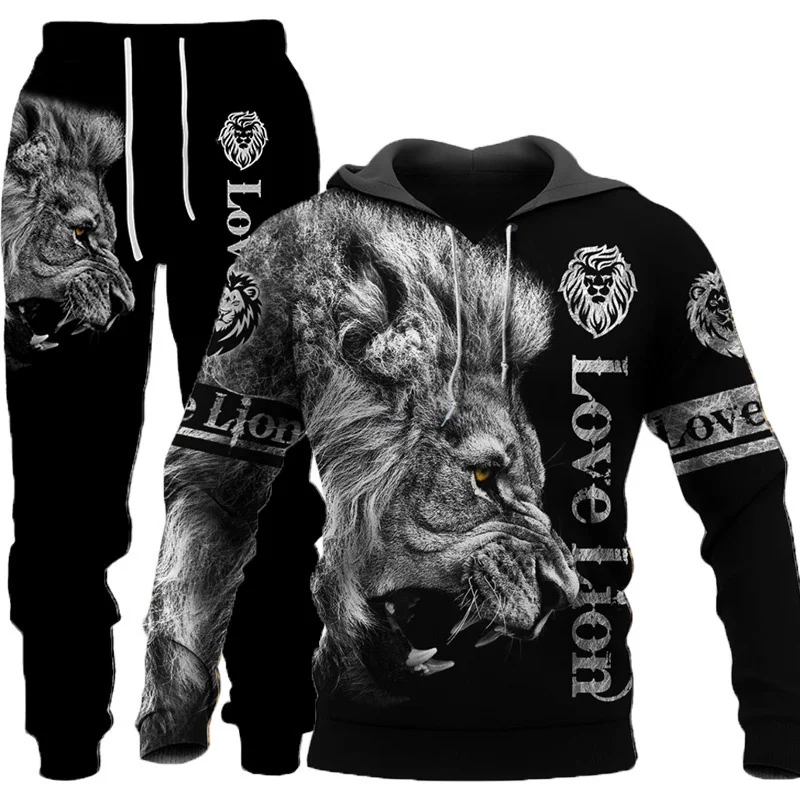 Tiger 3D พิมพ์เสื้อกันหนาวผู้ชาย Hoodies ชุดผู้ชาย Lion Tracksuit/Pullover/เสื้อ/กางเกงกีฬาฤดูใบไม้ร่วงฤดูหนาวชายชุด