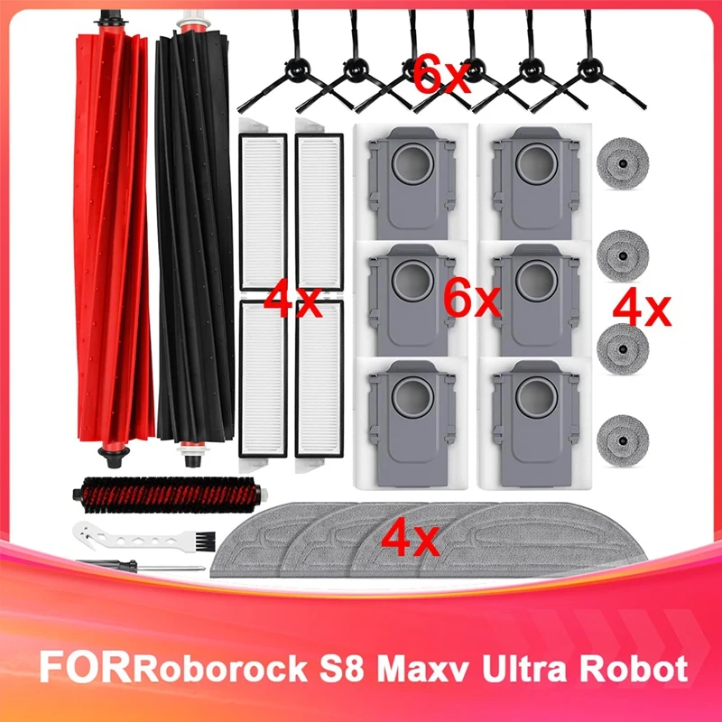 Kit de acessórios para robô aspirador roborock s8 maxv ultra, escovas principais, sacos de pó, panos de esfregão, panos de esfregão de borda, filtros