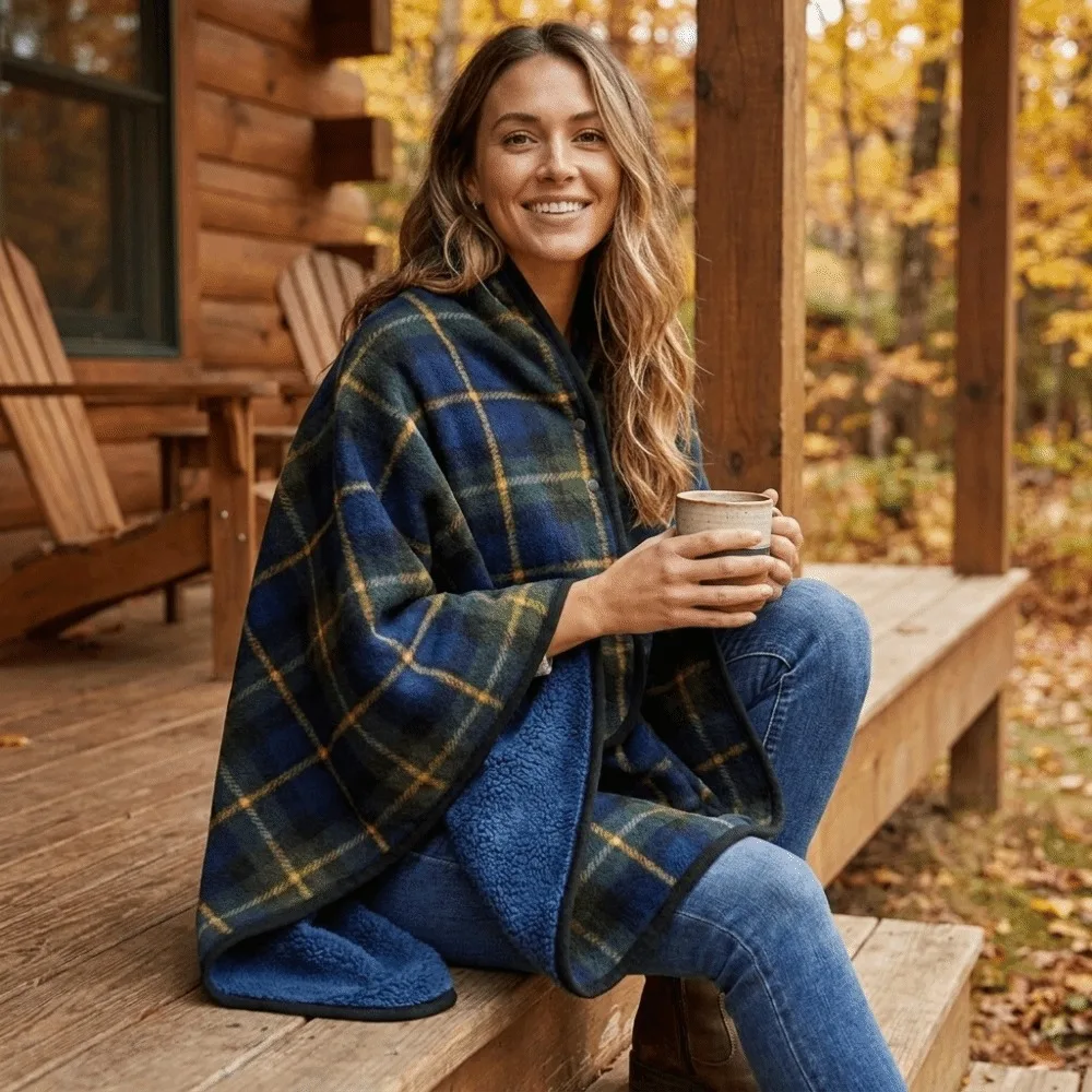 Flannel Material Wearable Blanket Plaid Pattern Button Closure Shawl Blanket Lightweight Warm Fabric Throw Blanket Home