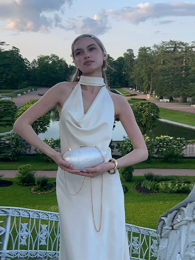 

Elegant White Pearl Chain Robes Swing Collar Backless Sleeveless Bodycon Patchwork High Waist Maxi Dresses New Summer Women Gown