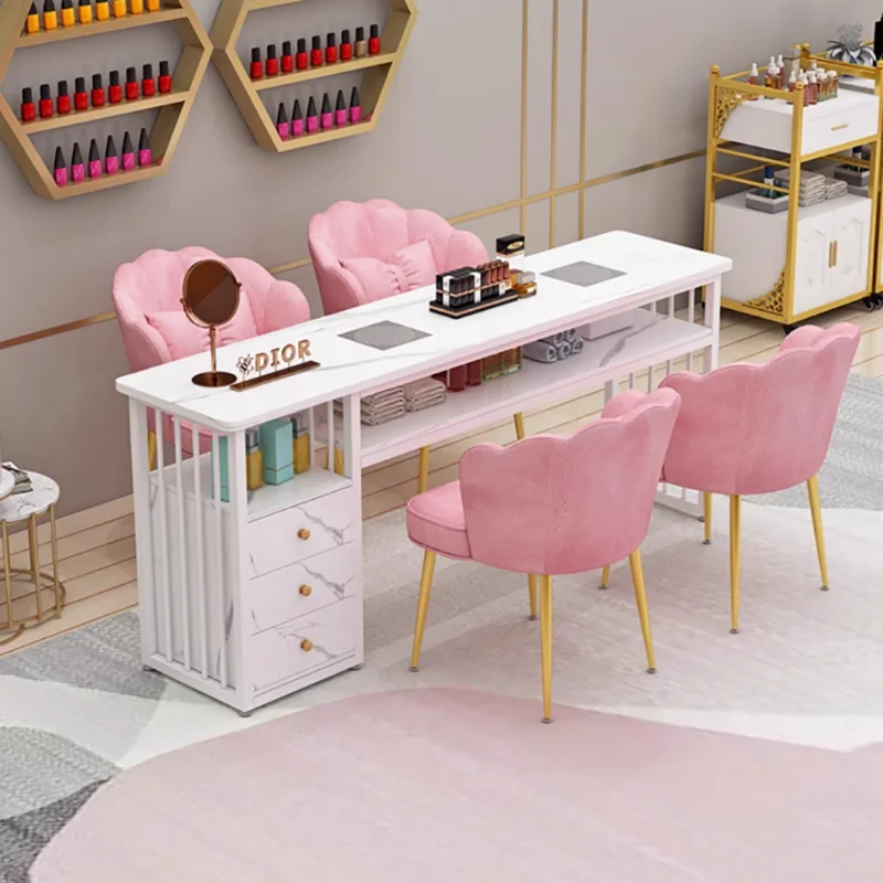 북유럽 럭셔리 네일 테이블 살롱 가구 모던 네일샵 테이블 및 의자 세트 싱글 더블 전문가용 매니큐어 테이블