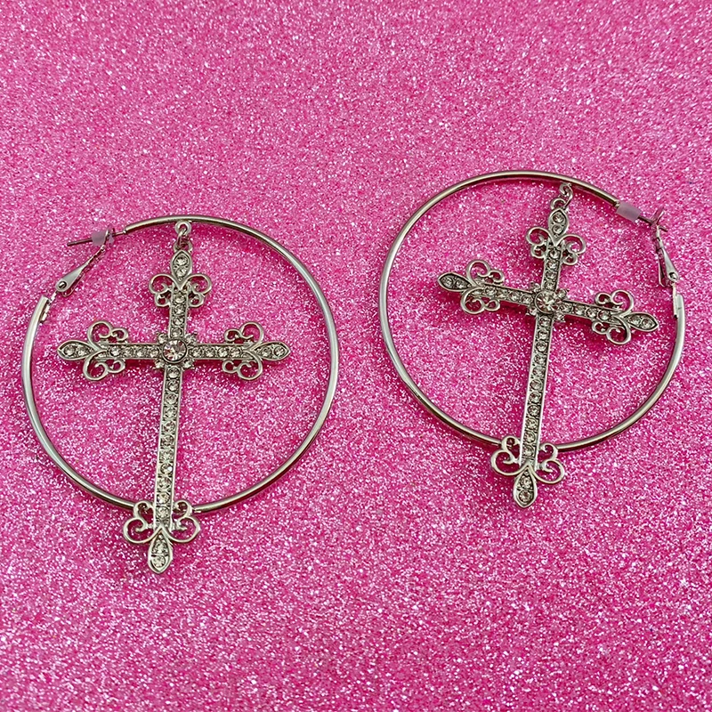 Accesorios de los años 2000, pendientes de aro cruzados de cristal ostentoso, pendientes de moda coreanos de lujo estéticos Punk para mujer, joyería