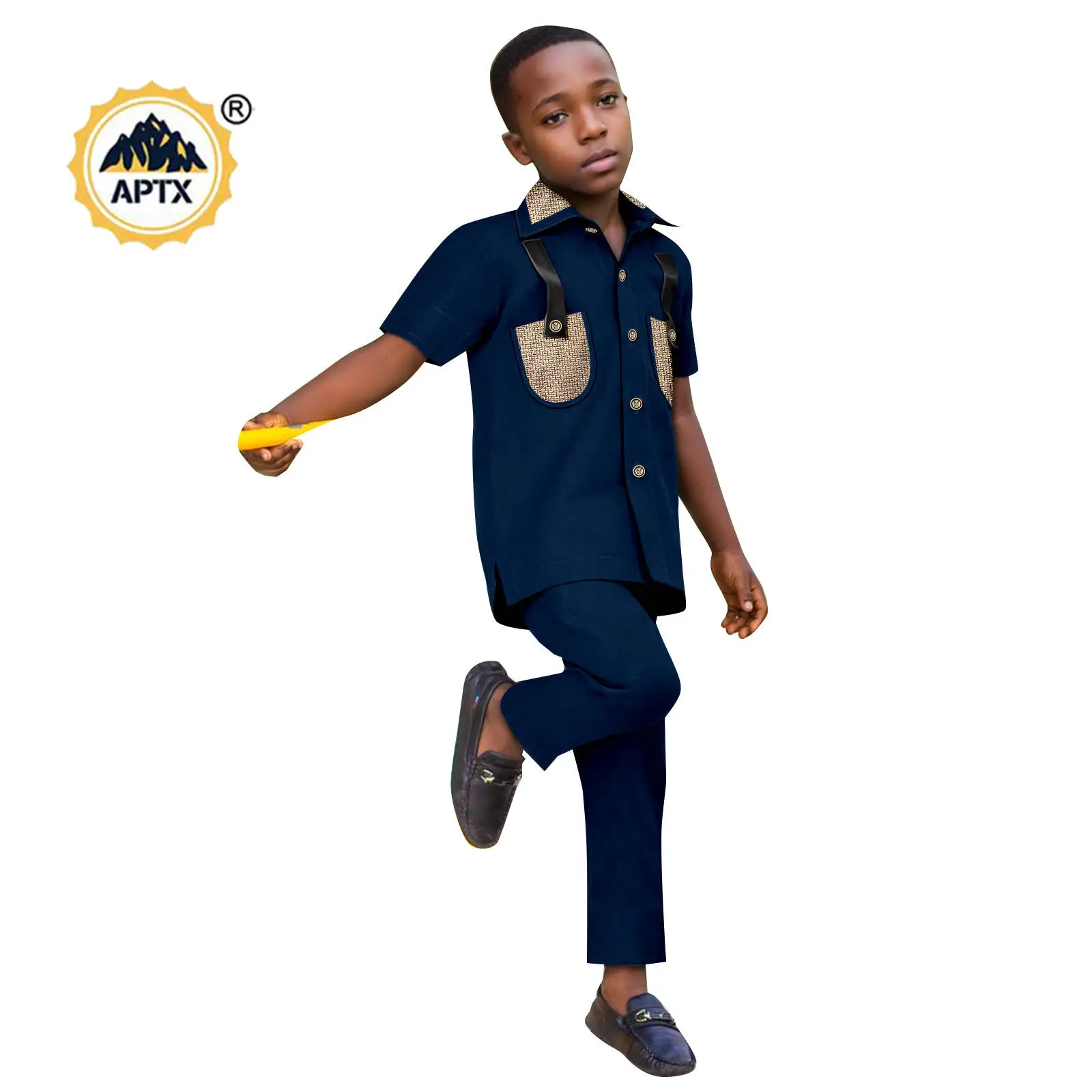 

African Clothes for Boy Suits Kaftan Outwear Patchwork PU Top and Pant 2 Pieces Sets Bazin Riche Kids Children Outfits 2446061