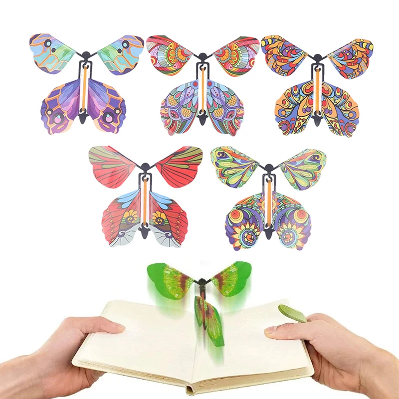 10PCS/SET Magic Wind Up Flying Butterfly Surprise Box Explosion Box in The Book Rubber Band Powered Magic Fairy Flying Toy Gift