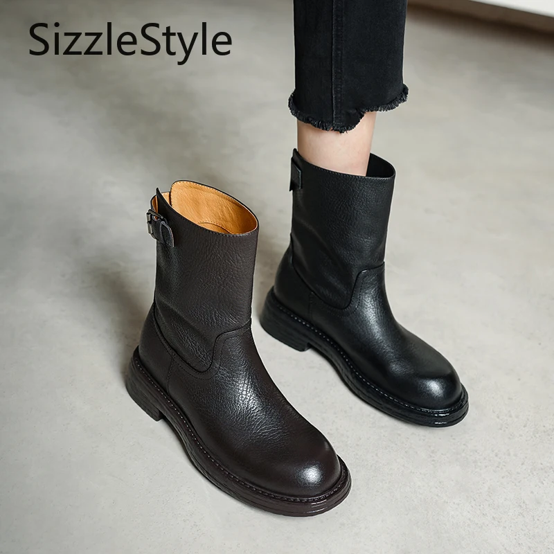 

Fashionable Retro Style Solid Color Waterproof Platform Slip-on Comfortable Thick-soled Women's Mid-calf Boots