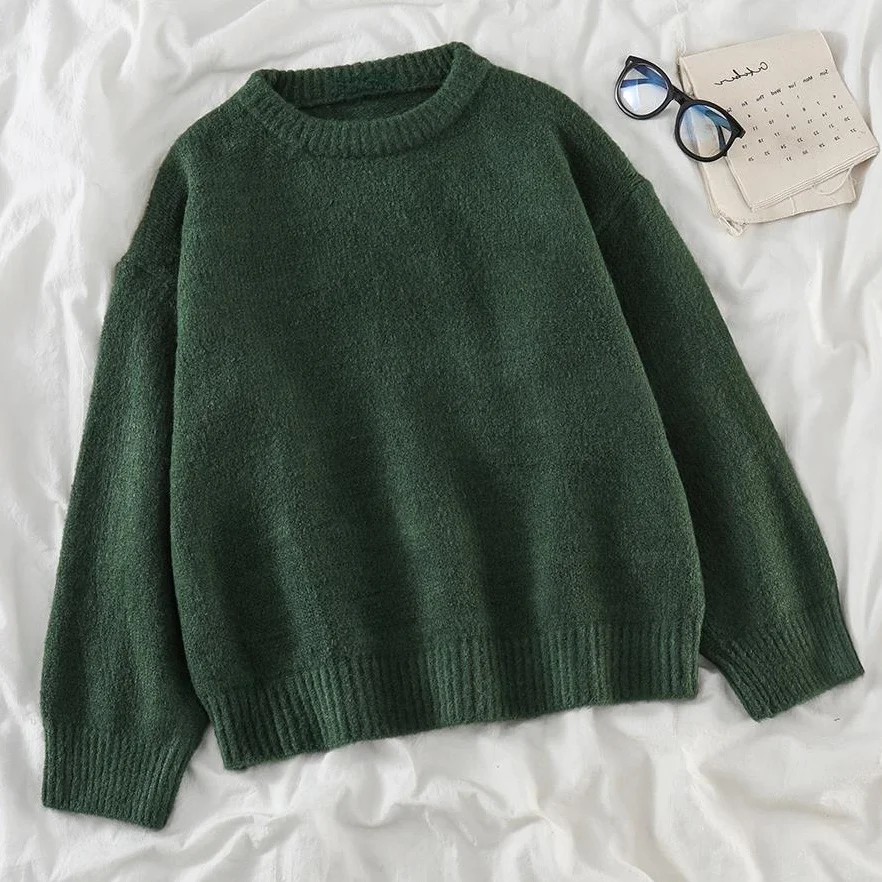 Green Knitted Sweaters Women Fashion Warm Jumper Female Casual Loose Pullover Women Round Neck Long Sleeve Sweater