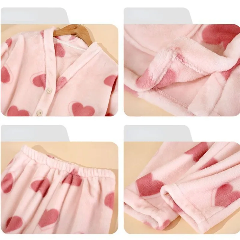 2024 New Sweet Cardigan Flannel Pajamas Women's Winter Plush Thickened Sleepwear Coral Velvet Warm Student Plush Homewear Set