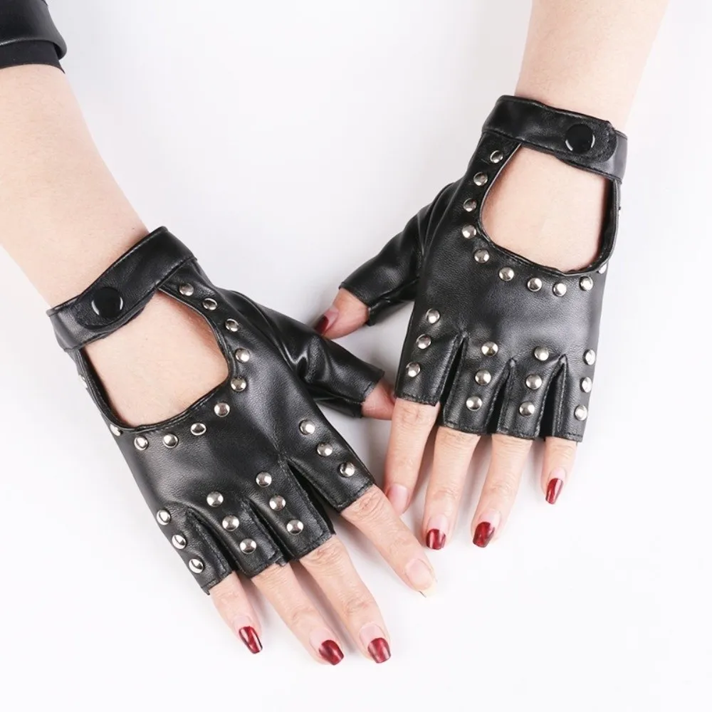 New PU Leather Half Finger Gloves Fingerless Hip Hop Punk Nightclub Pole Dancing Mittens Rivet Evening Prom Decor Women