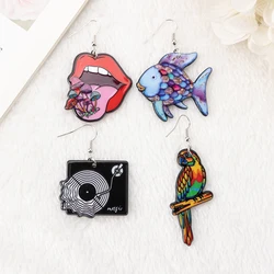 1Pair Rainbow Fish Dangle Earrings Creative Acrylic Record Player Parrot Mushroom Lips For Women Birthday Gift