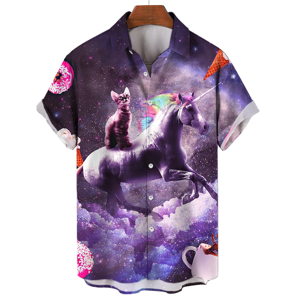 

Men's Summer Shirt 2023 3D Space Cat Printing Short-sleeved T-shirt Casual Lightning Cat Harajuku Top Large Lapel Men's Clothing