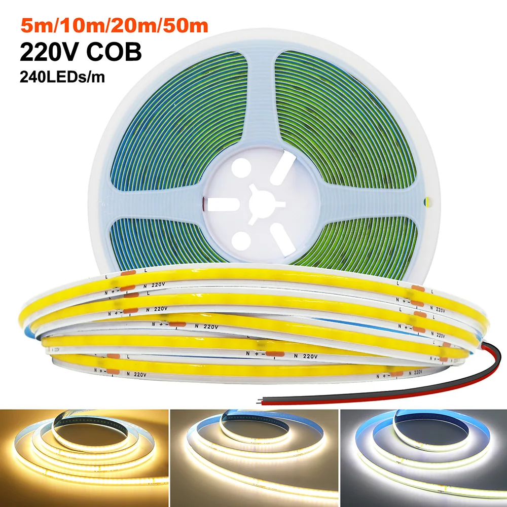 5m 10m 20m 50m COB LED Strip Light 220V 230V Flexible Tape Lights with IC Chip High Bright 240LEDs/m Linear Lighting RA90