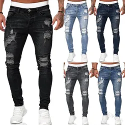 Styl uliczny podarte obcisłe dżinsy rurki męskie w stylu Vintage z jednolitego denimu spodnie spodnie Casual Stretch for Men Clothing 2023 nowość