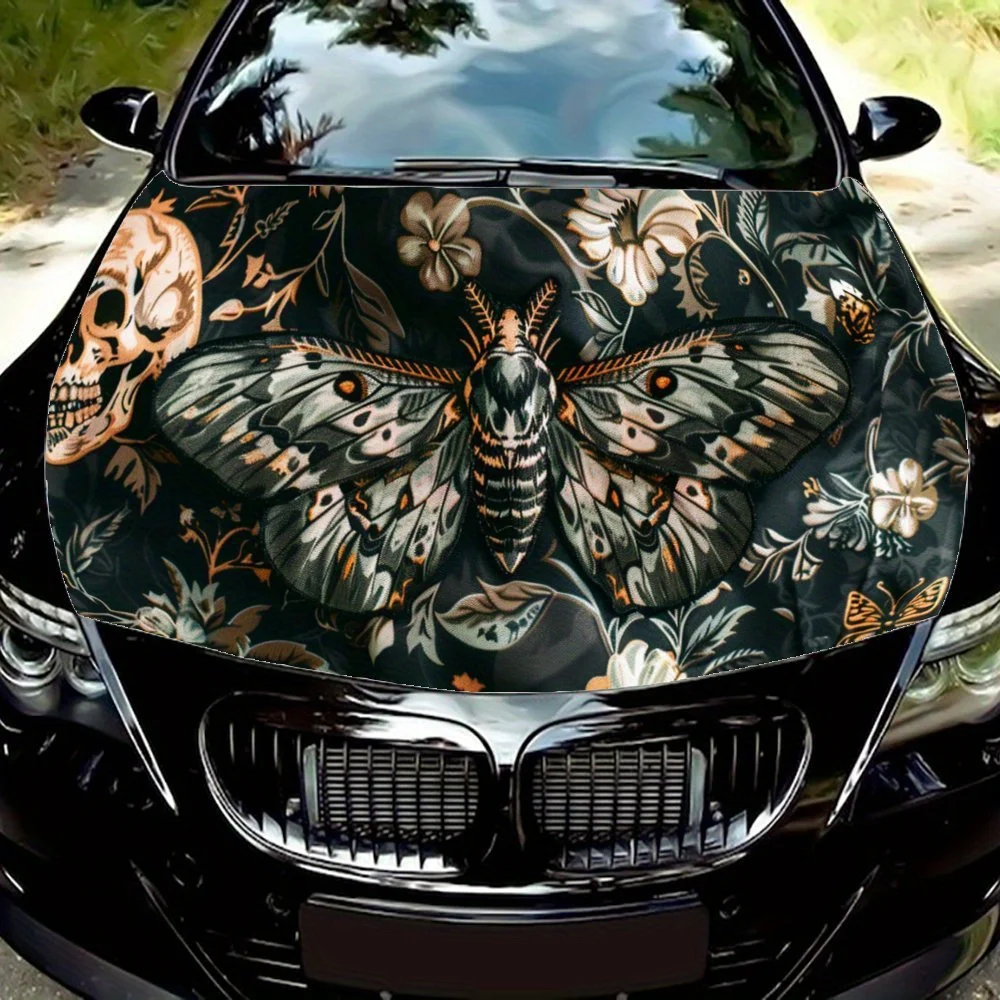 

Skull Moth Flower Print Car Hood Decal,Self-Adhesive PVC Hood Car Decor Scratch Resistant Sticker Protect,Auto Accessories Gift