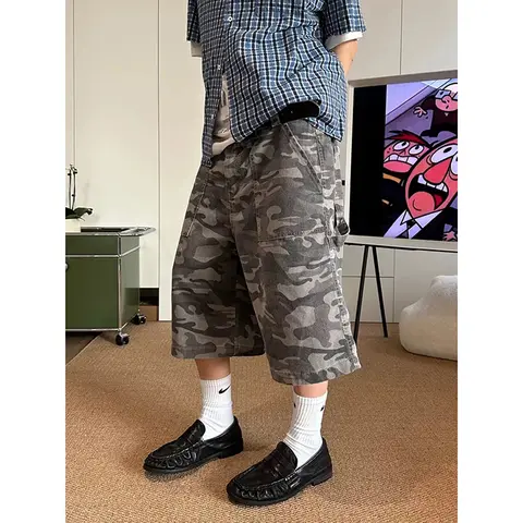 ZHIZOU Summer Vintage Camouflage Short Jeans Women's Oversized Distressed Jorts Y2k Grunge Baggy Denim Shorts Wide Streetwear