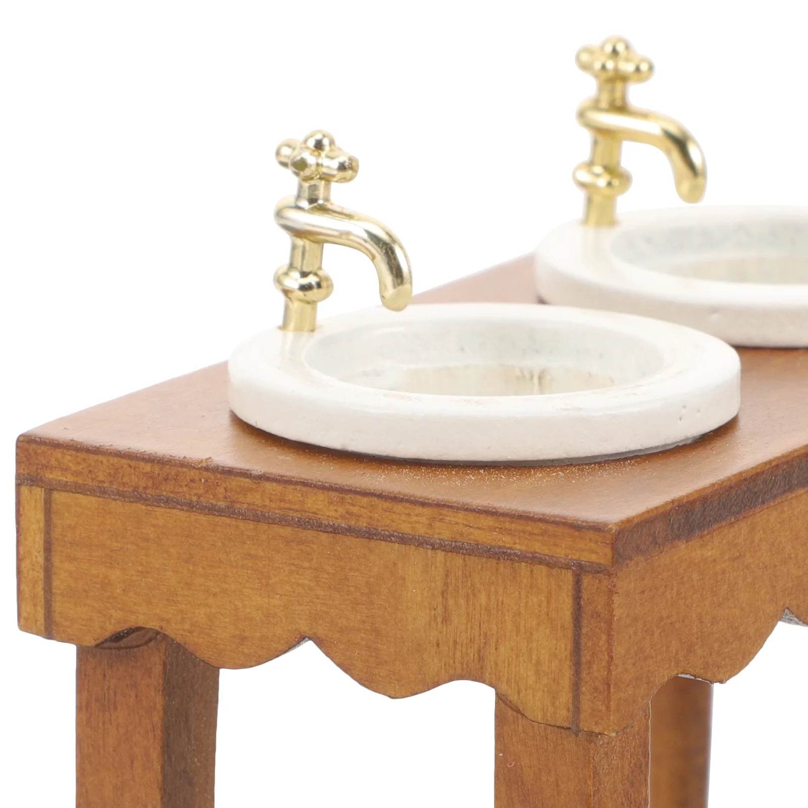 Muebles en miniatura para casa de muñecas, escena de baño, lavabo doble, lavabo, decoraciones de lavado de madera, accesorio marrón claro, 1:12