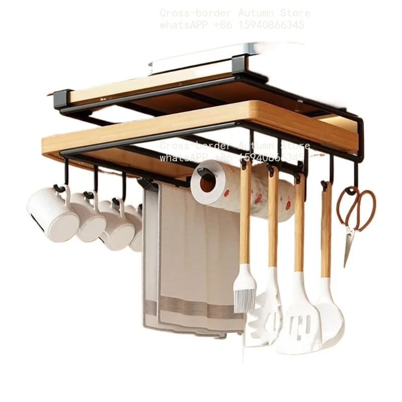 Under Cabinet Kitchen Organizer Rack with Hooks Multi-Purpose Storage Shelf for Paper Towel Cutting Board & Pot Lids