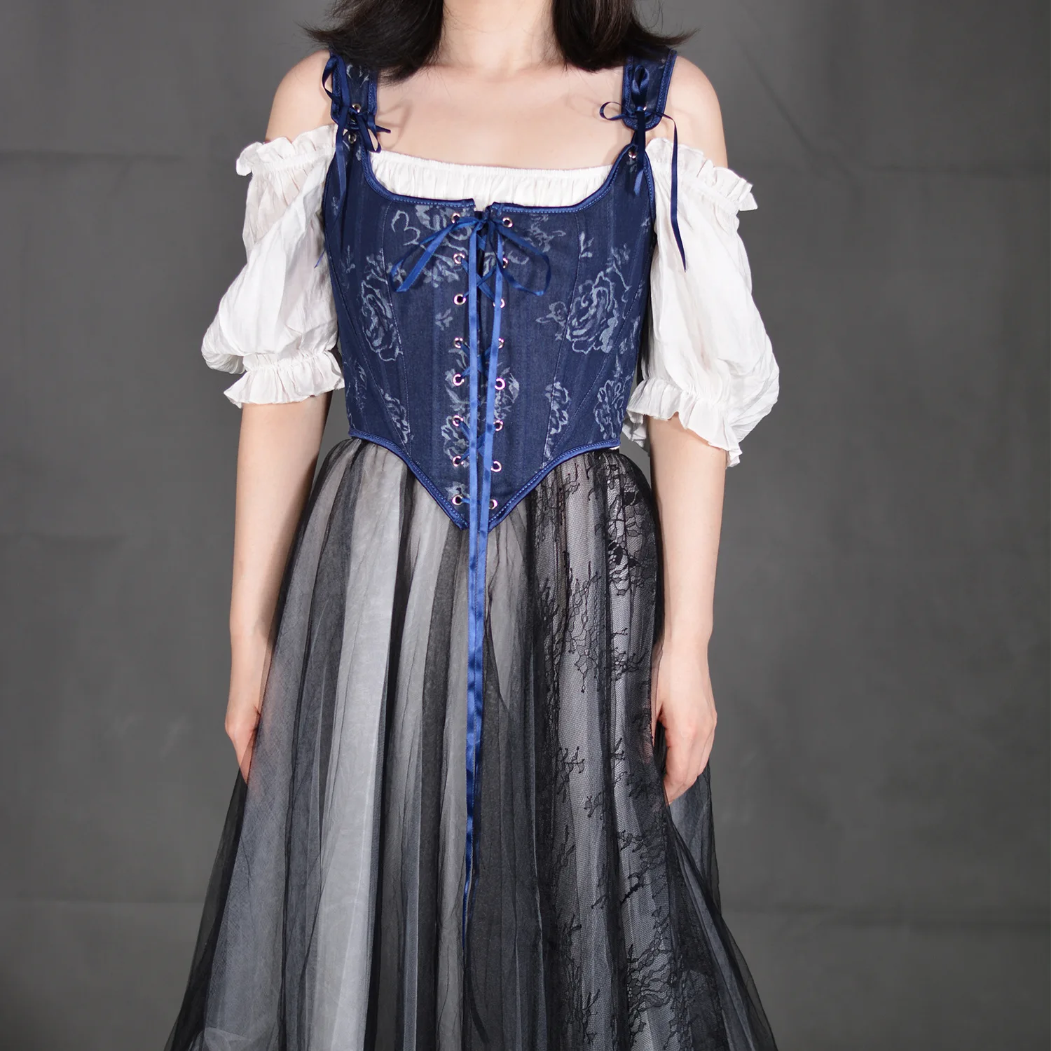 

Элегантные женские синие корсеты, топ, бюстье с принтом роз, средневековый жилет Victoria, винтажный белый корсет, лифы без рукавов