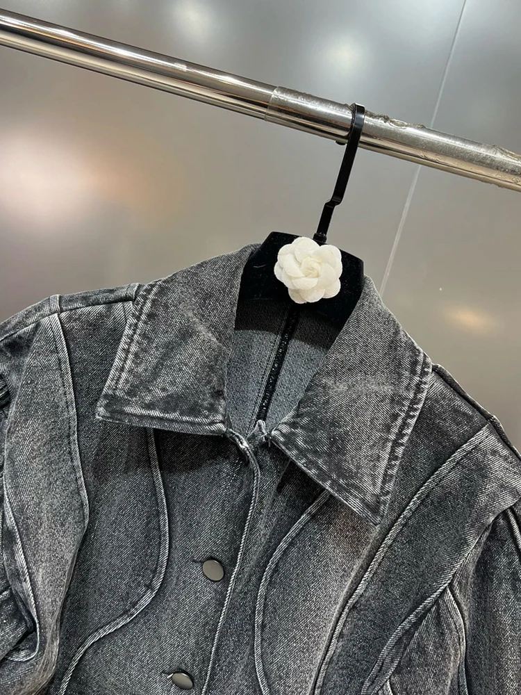 TWOTWINSTYLE Denim Minimalist Jacket For Women Lapel Long Sleeve Patchwork Single Breasted Casual Loose Jacket Female Fashion