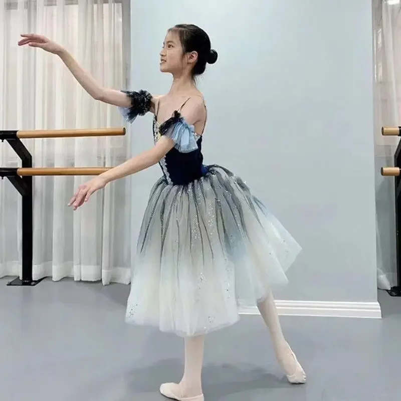 EE01 Tutú largo azul para niños y adultos, traje de Ballet profesional del lago de los cisnes, tutú de Ballet, vestido de Ballet para niñas, Ropa de baile de rendimiento Ve & 0Ww