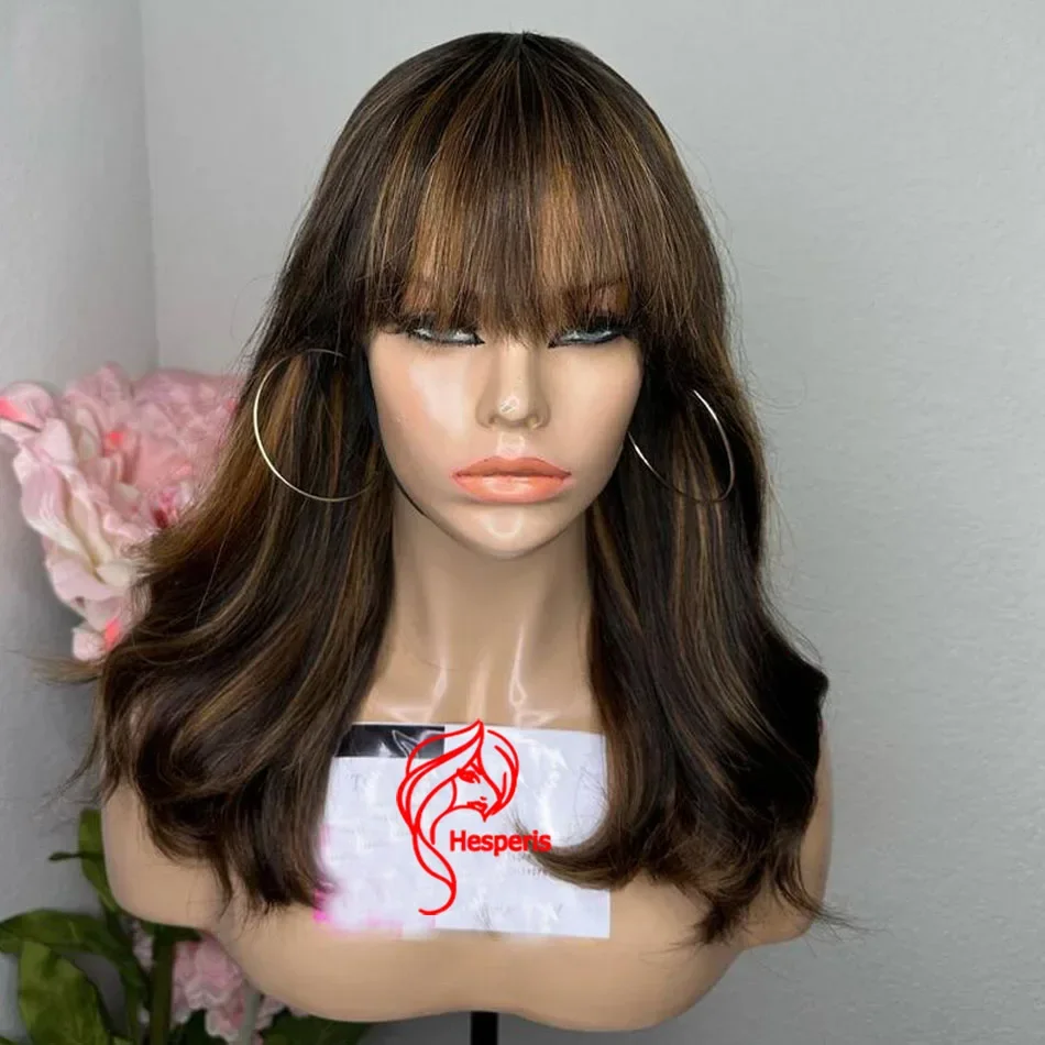 

Hesperis Short Blonde Highlight Full Machine Made Wig Bob Wave Brazilian Remy Blonde Highlight Borwn Human Hair Wig With Bangs