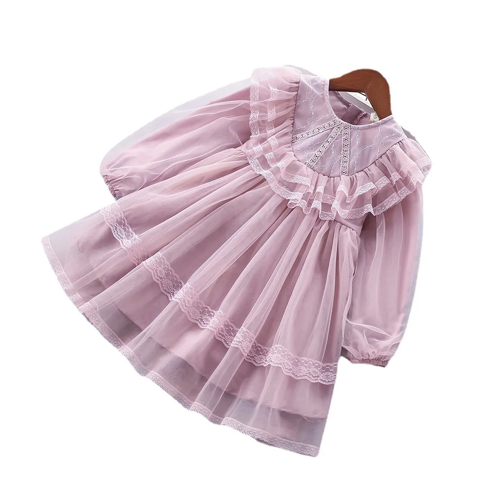 Vestido de primavera y otoño para niñas, vestidos de princesa de gasa esponjosa de encaje de manga larga para niños medianos y mayores