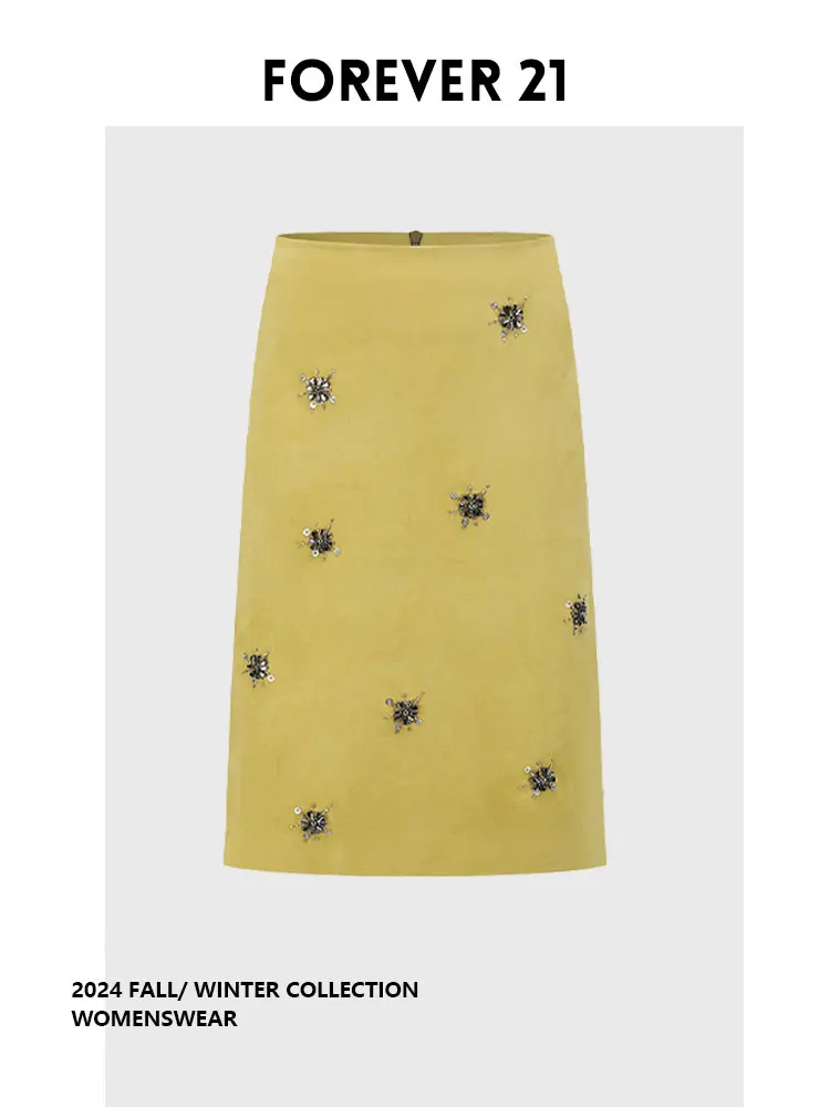 Falda Midi de Cintura Alta con Cuentas y Flores Hechas a Mano en Gamuza de Lujo, Estilo Casual para Mujer, Otoño-Invierno, Ta...