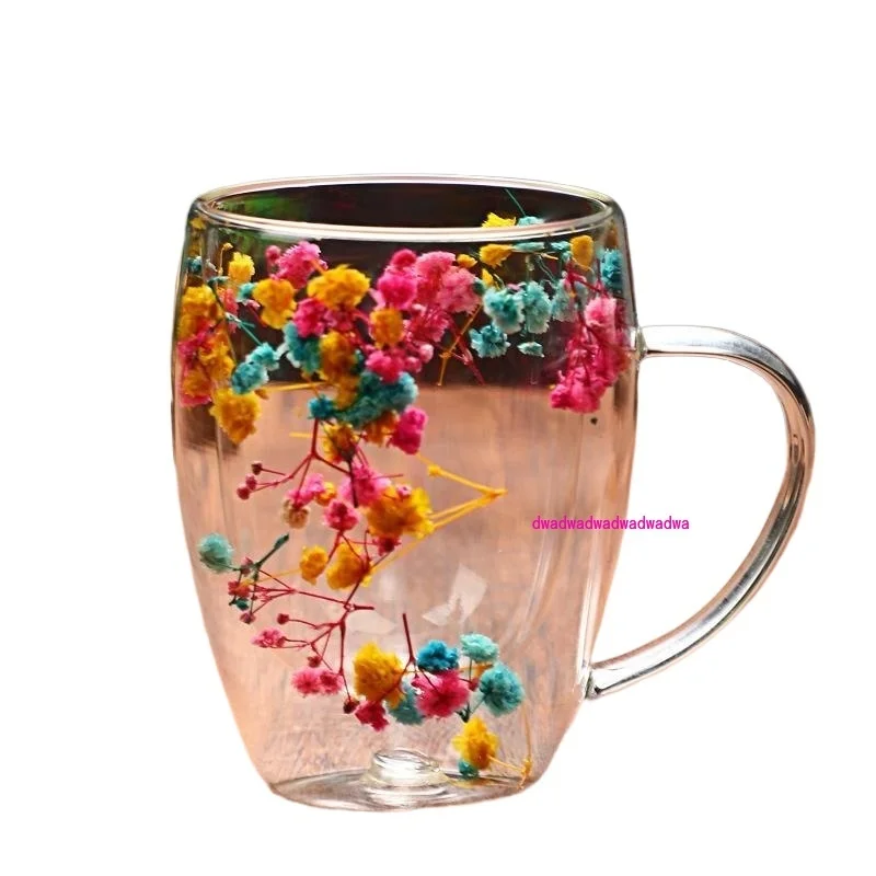 

borosilicate real flower double-layer glass water cup, high temperature resistance and high value household milk beverage cup