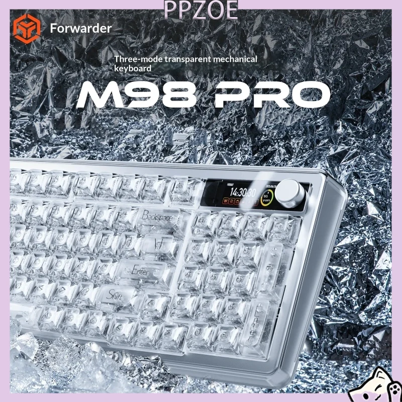 Teclado Mecânico Tri-modo EWEADN M98 Pro, Layout 98%, Gabinete de PC Transparente RGB, Teclado Personalizável Hot Swappable com Multifunções