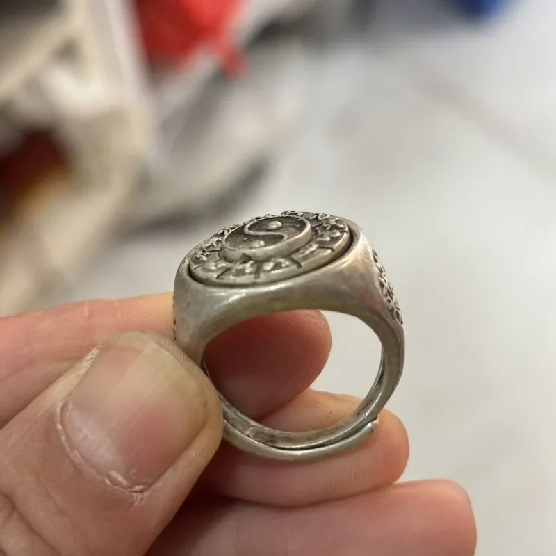Vintage Collectible Old‑Silver Rotatable Bagua Zodiac Thumb Ring, Tai Chi Mantra Adjustable Unisex Retro Statement Jewelry Gift