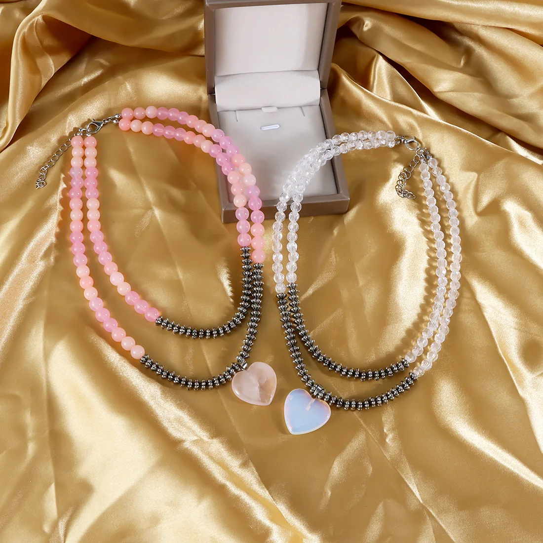 DIY accessories Niche retro natural stone love pendant design sense personalized double-layer beaded neck chain necklace NK25890